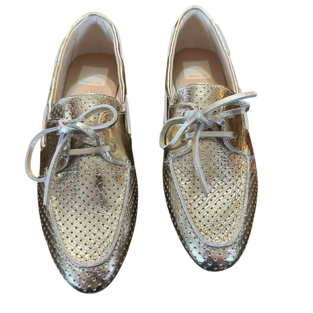 Dolce Vita Lakin Platinum Perforated Leather Loafers Size 7.5 - Picture 2 of 10
